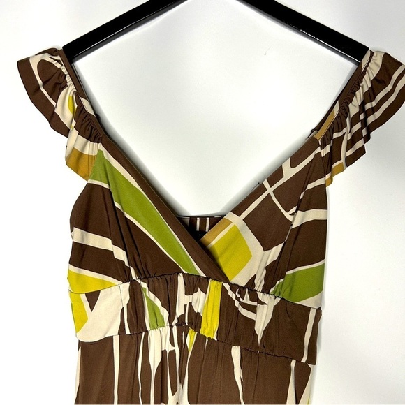 BCBGMaxAzria Women's Brown Green Beige Print Ruffled Sleeveless Dress Size XS - Picture 3 of 8